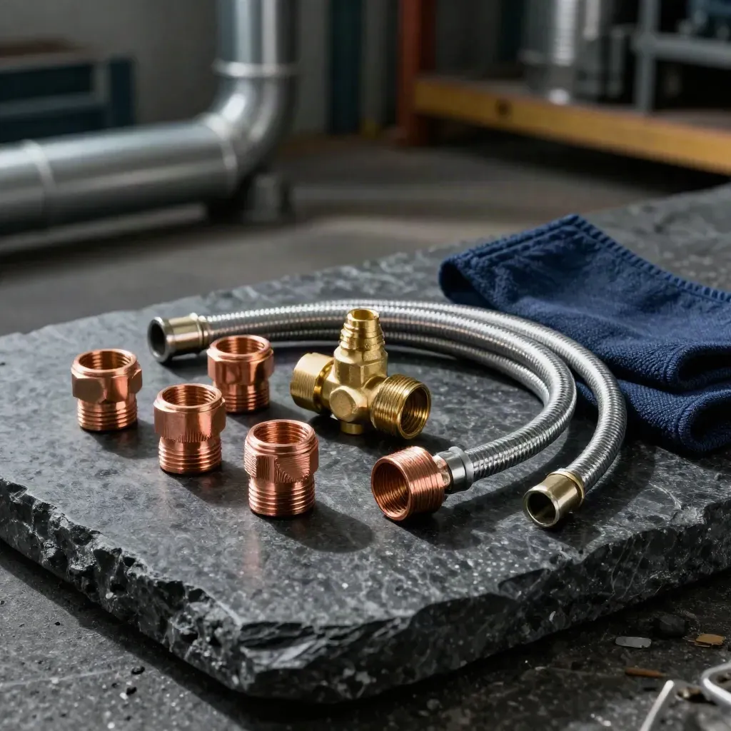 Taş yüzeyde bakır HVAC bağlantıları, valf gövdesi ve örgülü hortum seti.