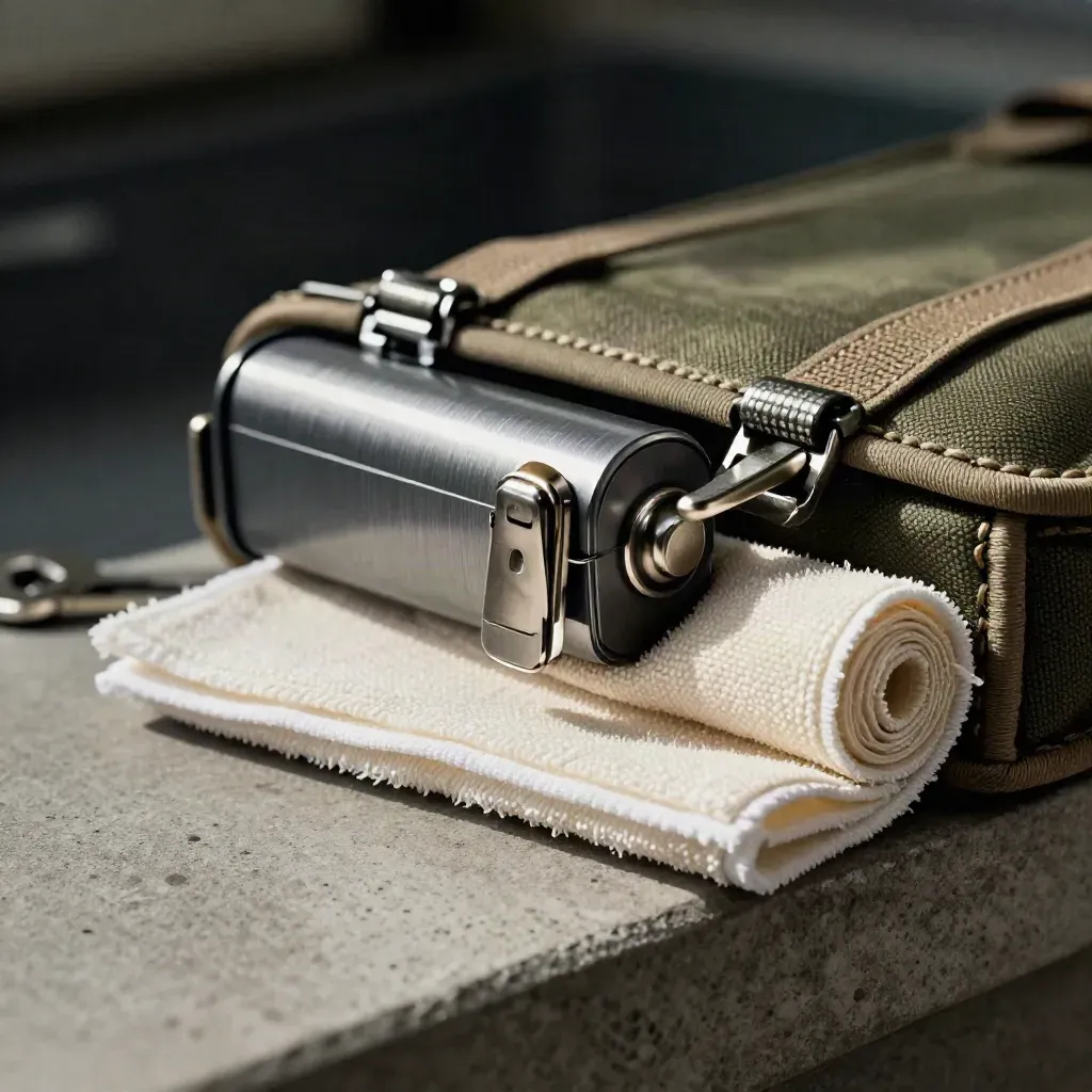 Koyu fonda makro çekimde olive tote, pil paketi ve yarı açılmış mikrofiber rulo.